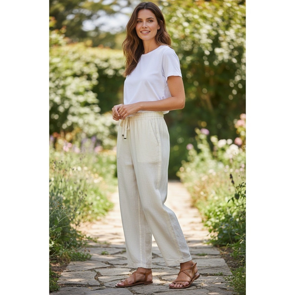 NWT ELOQUI Linen Blend Paperbag Waist Cropped Pants Beige Fits L/XL $XXX Coastal